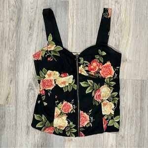 Liberty Love Zip Up Front Corset Tank Top Black Floral Sweetheart Shirt Size S